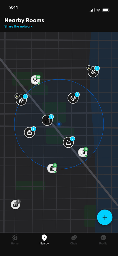 Vicinity Nearby Rooms map with live rooms and events around you